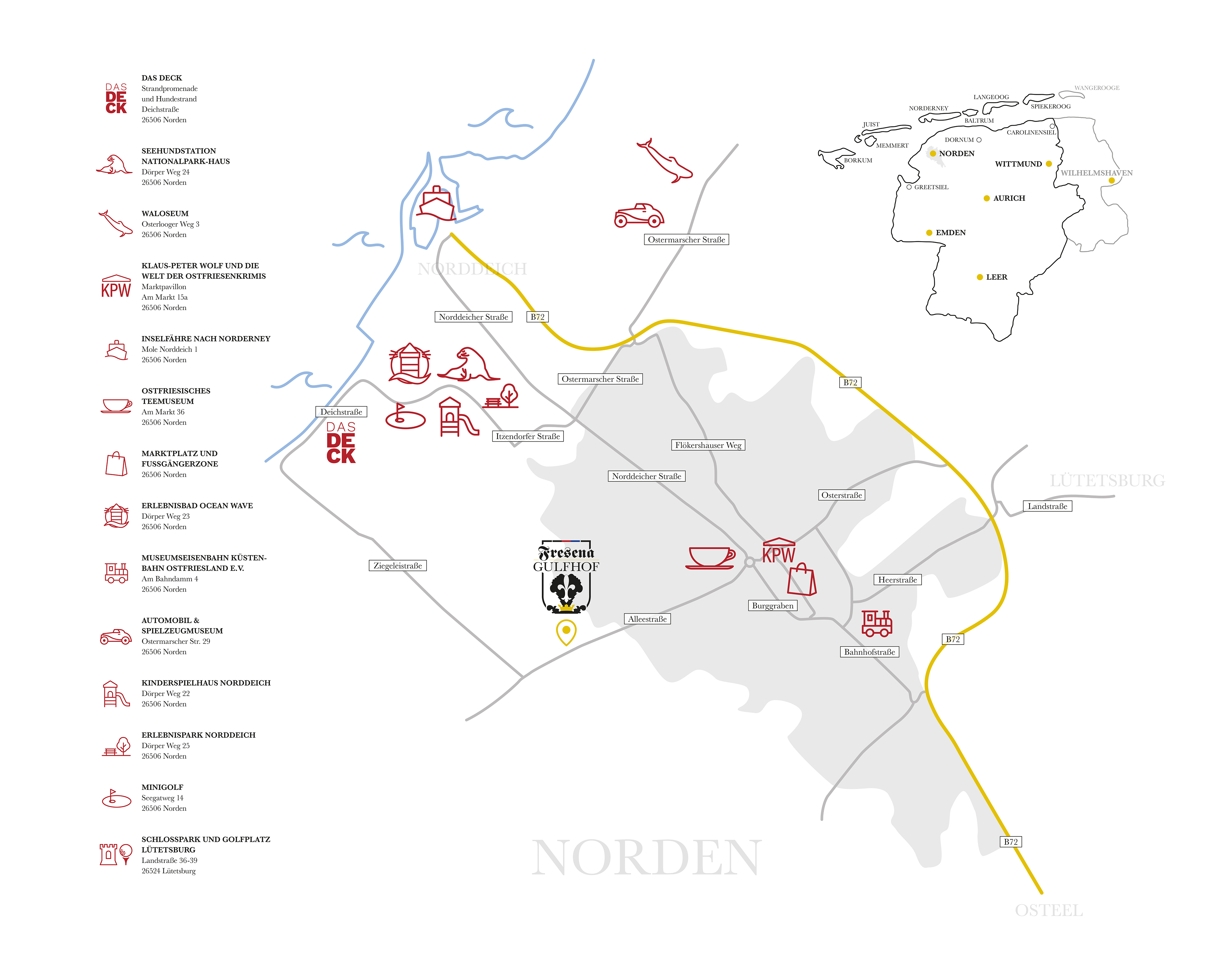 Karte von Norden, Ostfrieslandd, mit Aktivitäten und Sehenswürdigkeiten, erreichbar vom Gulfhof Fresena